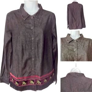 Austin Clothing Co Denim Outfit Blouse Pants Set Red Roses Black Size S NWT